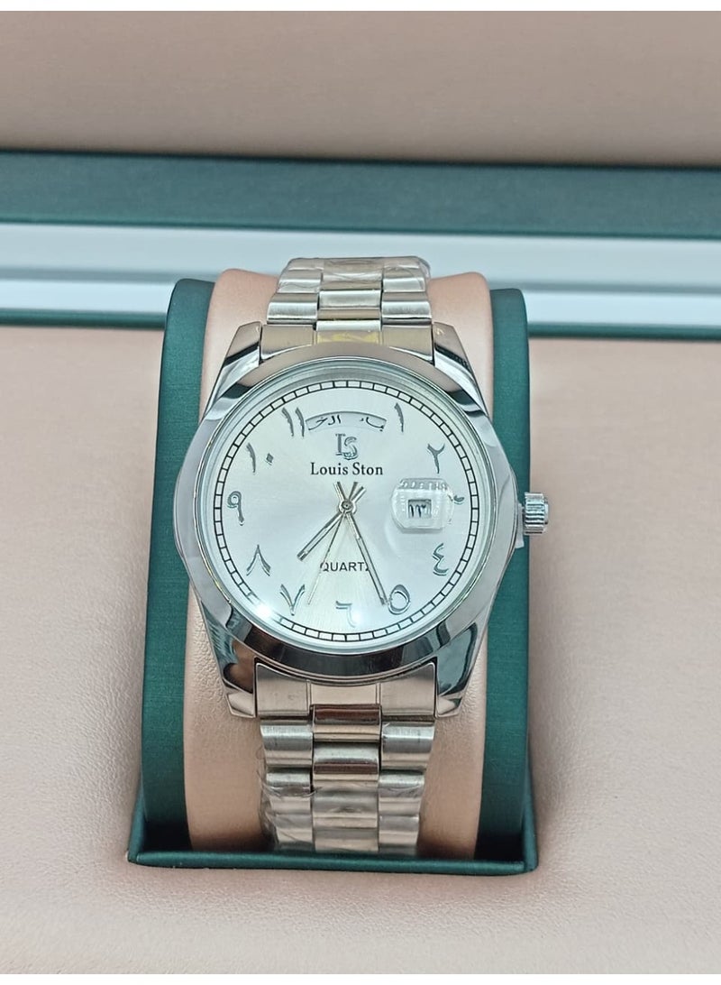 Men's wristwatch with Arabic numerals, Rolex style, water resistant, modern and high quality, silver strap with white dial